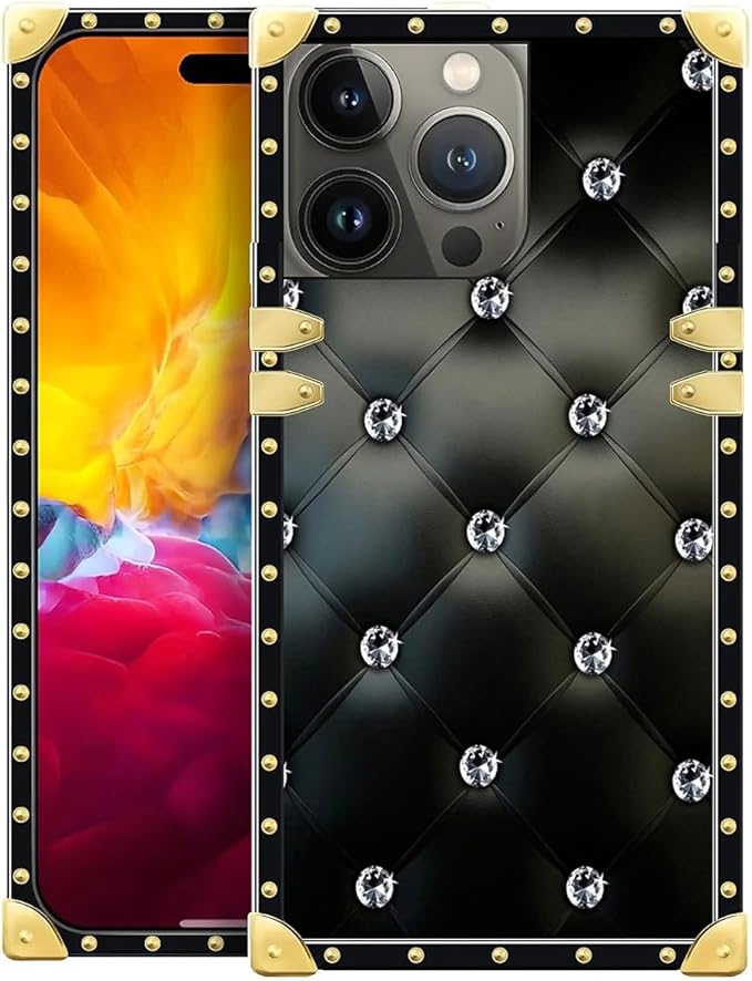 Compatible with iPhone 15 Pro Case, Shiny Black Sofa Crystal Luxury Golden Decoration for Girl Women Soft TPU Shockproof Protective Hard PC Back for iPhone 15 Pro