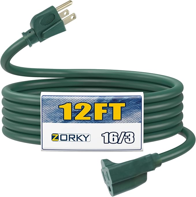 12ft Outdoor Extension Cord for Christmas Decorations- 16/3 Heavy Duty SJTW Waterproof Green Electrical Cable with 3 Prong Grounded Plug for Safety, Great for Lawn and Major Appliances