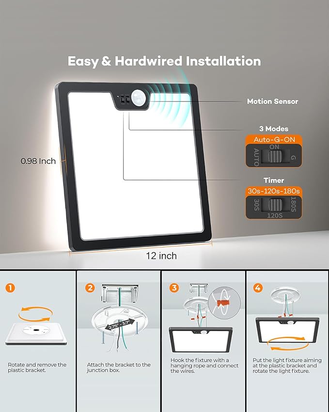 Annaror 12in Motion Sensor Ceiling Light Wired, 3000K 4000K 5000K Selectable, 24W Flush Mount Square Motion Ceiling Light with 3 Timer for Closet Porch Stairs Hallway, Black