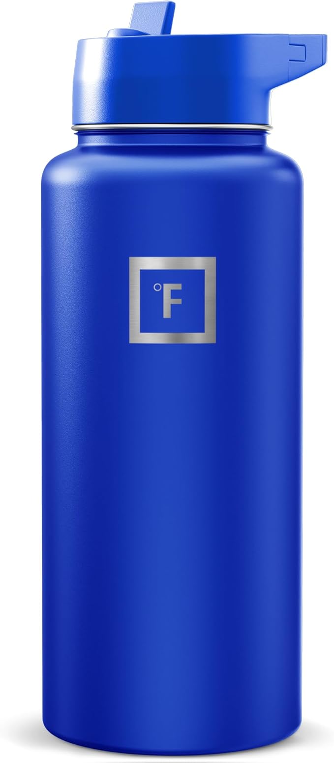 IRON °FLASK Camping & Hiking Hydration Flask with Straw, Wide Mouth Insulated Stainless Steel Sports Water Bottle - Cobalt 32 oz - Straw (1 Lid)