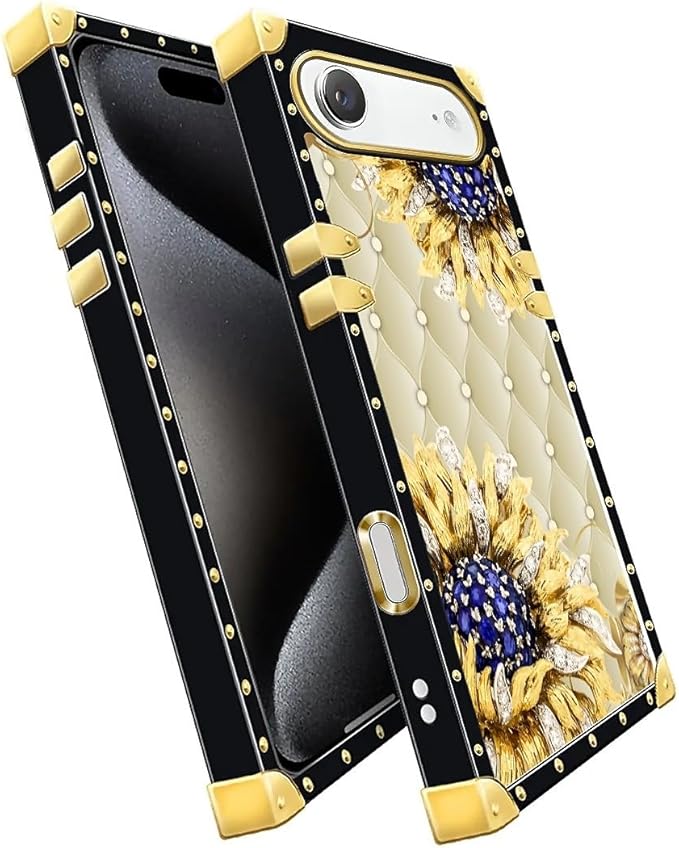 for iPhone 17 Air Case Luxury Golden Decoration for Girl Women Soft TPU Shockproof Protective Hard PC Back for iPhone 17 Air Crazy Pattern Sunflower Diamonds Leather