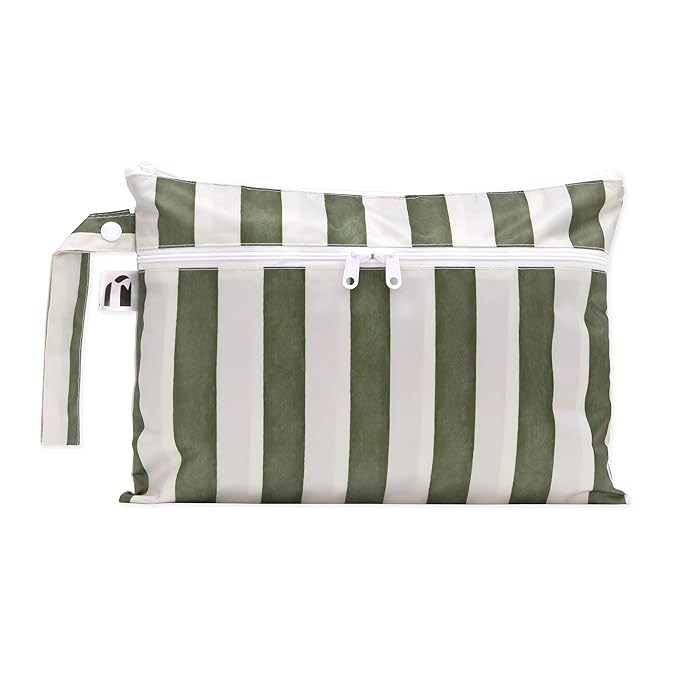 Bumkins Roamio Waterproof Wet Dry Clutch Bag for Baby, Travel, Swim Suit, Cloth Diaper, Pump Parts, Pool, Gym Clothes, Beach, Toiletry, Hook to Stroller, Pack for Daycare, Zip Pack Pouch, Green Stripe