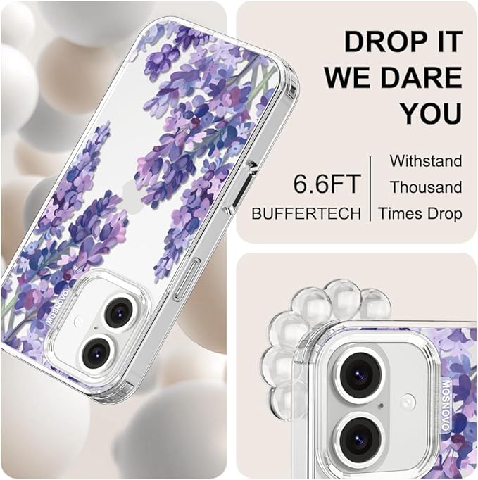 MOSNOVO Case for iPhone 16, [Buffertech 6.6ft Military-Grade Drop Protection] [Anti Peel Off Tech] Clear TPU Bumper Phone Case Cover Design - Lavender