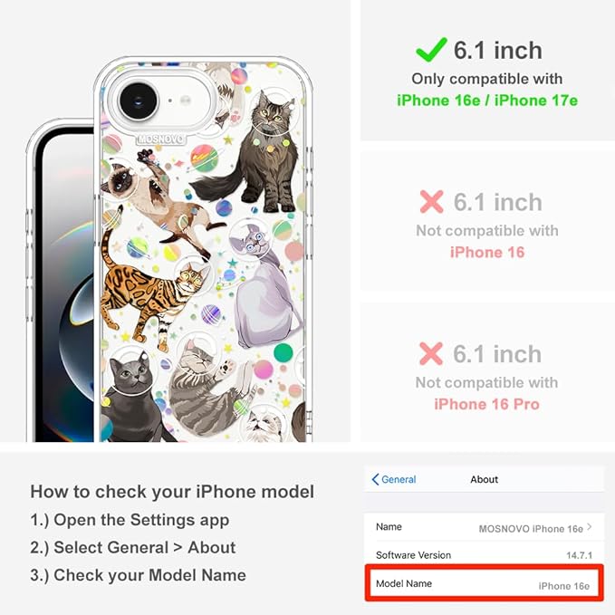 MOSNOVO for iPhone 17e Case/iPhone 16e Case, Shockproof Military-Grade Protection 6.6ft Drop Tested, Clear Phone Case for iPhone 16e / iPhone 17e, Space Cat Design