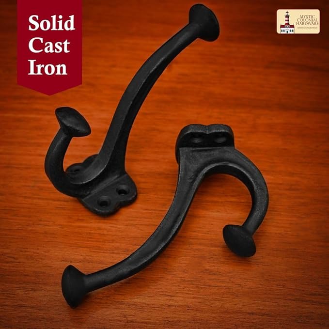 Mystic Colonial Rustic Medieval Cast Iron Wall Hooks (Set of 2) | (4 in x 3 in) Vintage Black Finish Double Coat & Hat Hook Hangers | Heavy-Duty Hook for Farmhouse, Gothic & Modern Spaces