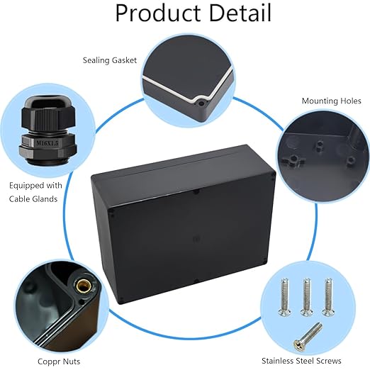 Junction Box IP65 Waterproof ABS Plastic Electrical Project Case Power Junction Boxes, Project Box with 4 PCS M16 Cable Glands 11.42x8.27x3.94 inch (290 x 210 x100 mm)