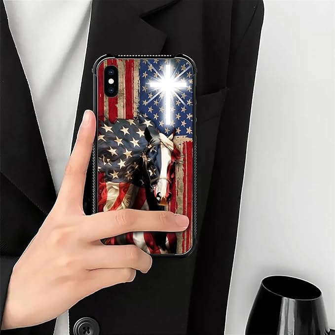 for iPhone X/Xs Case, Red American Flag Horse Cross Pattern Made of Soft Silicone Hard Acrylic Shock Protection for iPhone X/Xs