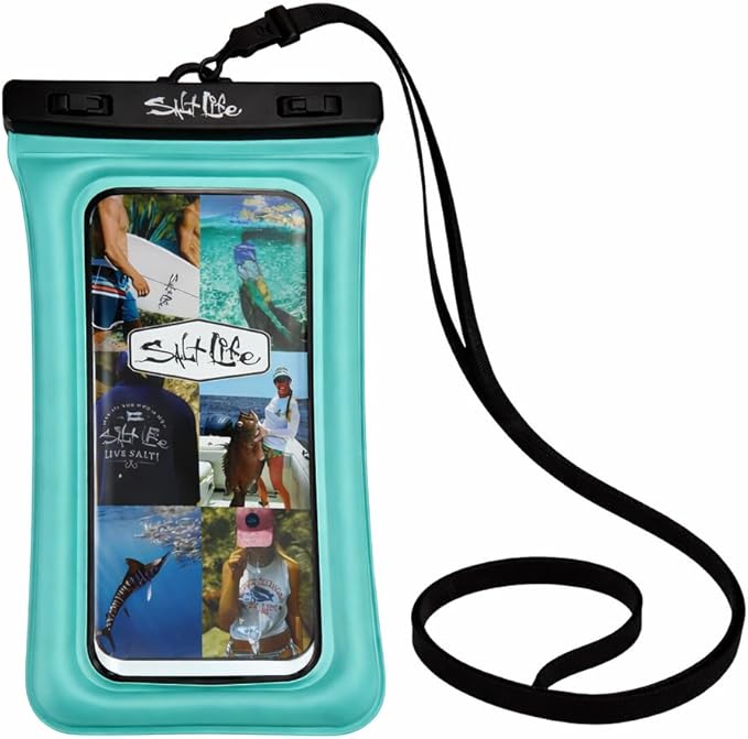 Salt Life Floating Waterproof Phone Case– IPX8 100% Waterproof Phone Case that Floats in Water, Universal Phone Dry Bag with Touchscreen Clear Window, Secure Seal Closure & Lanyard (Turquoise)