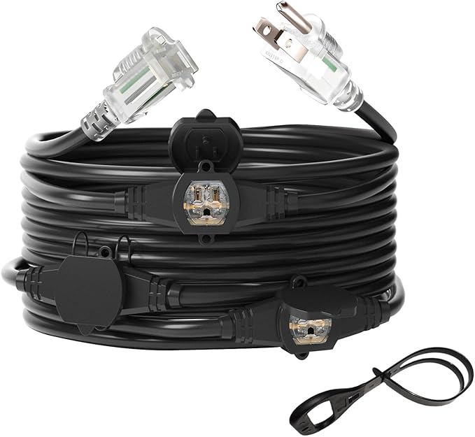 oviitech 25FT Power Extension Cord 3 Prong, 14 Gauge SJTW 5-15R Male Plug to Female Connector,7 Outlet Cable,Multiple Evenly-Spaced Plug,Suitable for Stage Setting or Outdoor,UL Certified Outlet Cable