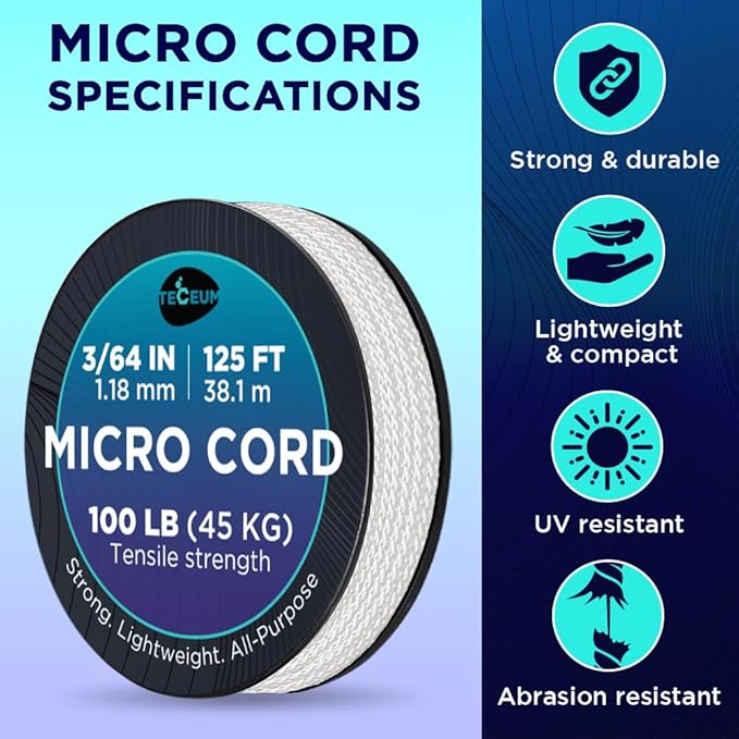 TECEUM Micro Paracord – 1.18 mm X 125 ft – Micro Utility Cord – Thin Braided Paracord Rope – Best for Crafting, DIY Projects, Fishing, Camping – Wind Chime Replacement – Survival Strong String