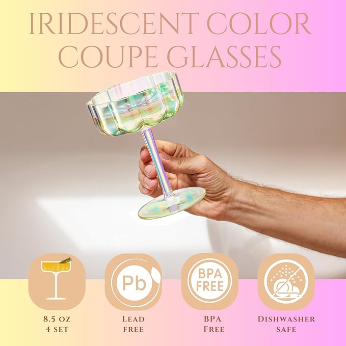 Khen Shatterproof Acrylic Flower Wavy Vintage Art Deco Martini, Champagne & Cocktail Iridescent Rainbow Plastic Tritan Coupe Glasses | 4 Set | 8.5oz Glassware Classic Cocktail Indoor & Outdoor Set