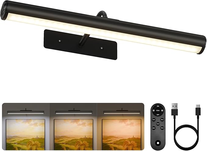 EZVALO Picture Lights for Wall, 16in Rechargeable 6000mAh Battery Operated Painting Lights with Remote, Wireless Wall Light for Gallery, Living Room, Hallway (Black)