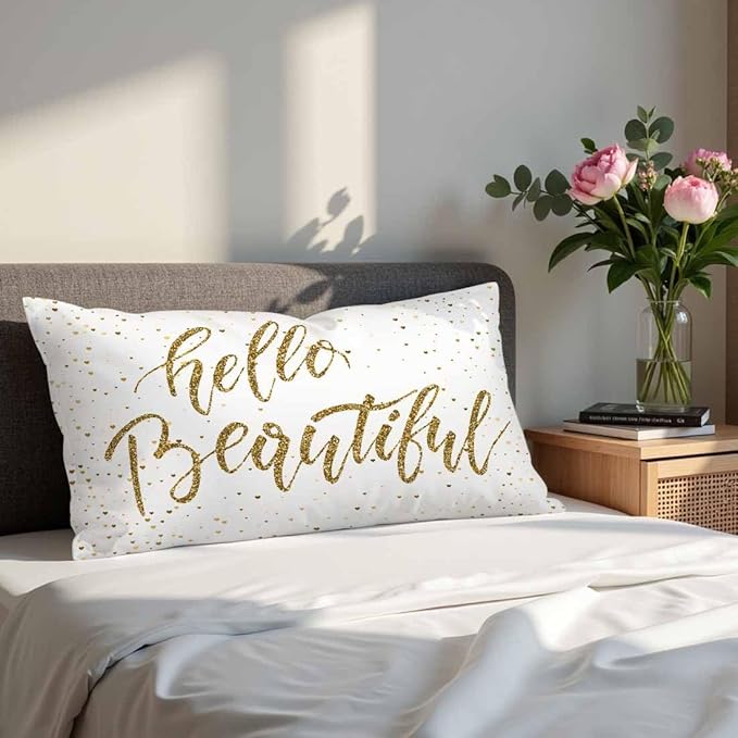 Hello Beautiful Bling Pillow Covers 12 X 20 Gold Glitter Motivational Quote Set of 2 Pillow Cases Rectangular Velvet Outdoor Throw Cushion Pillowcases Decorative for Home Bed Sofa Couch Hotel