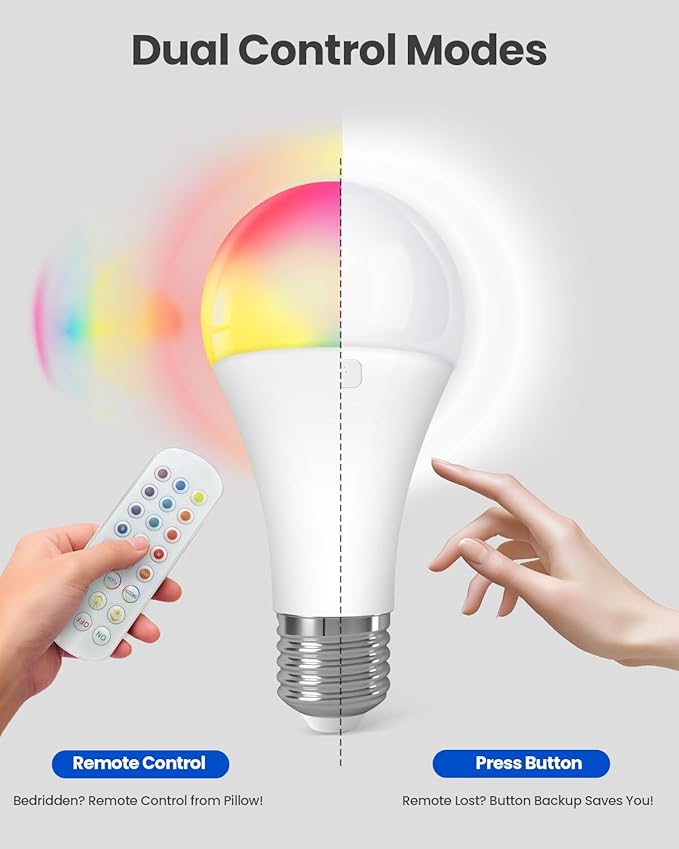 KINDEEP Rechargeable Light Bulbs with Remote, E26 Battery Operated LED Bulb: 2000mAh Dimmable Wireless Backup Light Bulbs with 15 Colors & 3 Timer for Non-Hardwired Lamps Wall Sconce, 4 Pack