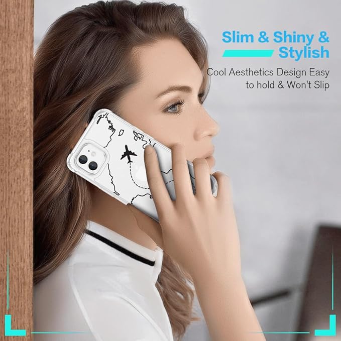 FANXI Minimalist Airplane Travel Map Phone Case Compatible with iPhone 12/12 Pro (6.1 Inch) - Shockproof Clear Soft TPU Protective Cover with Airplane Design for Women Men and Girls