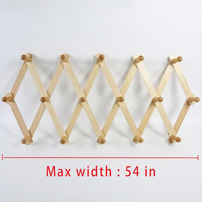AMAPON Accordion Style Expandable Wall Wooden Coat Rack 16 Hooks (Pegs) Hang Hats Jackets Coffee Mug Purses Necklaces Towels Cap Leash Scarves Data Line Kitchenware