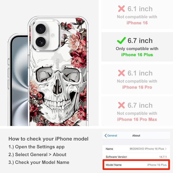 MOSNOVO Case for iPhone 16 Plus, [Buffertech 6.6ft Military-Grade Drop Protection] [Anti Peel Off Tech] Clear TPU Bumper Phone Case Cover Design - Red Flower Skull