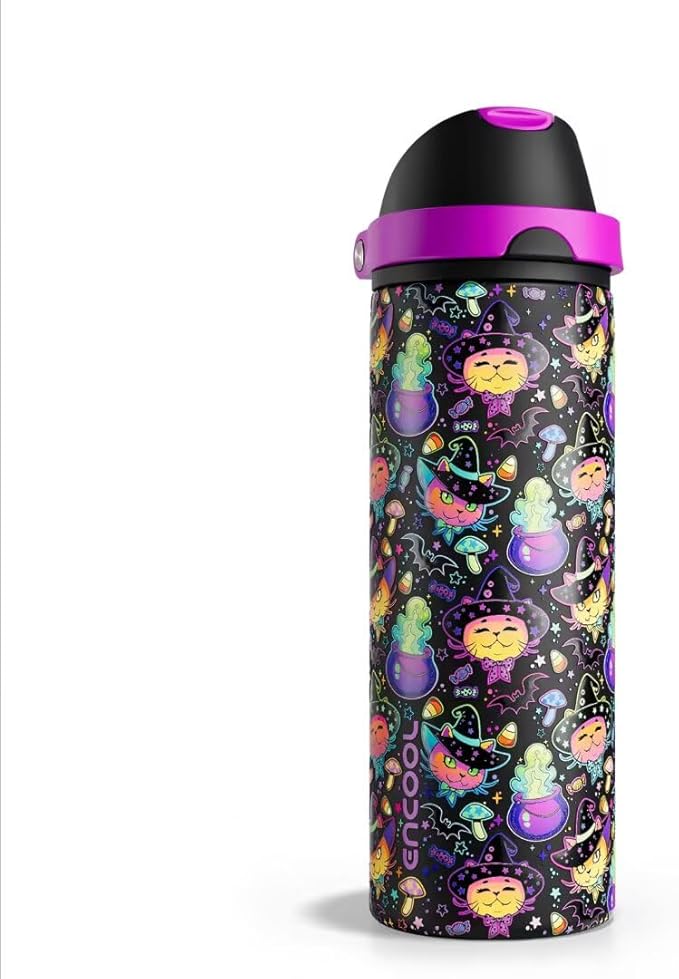 Insulated Water Bottle with Straw - Encool Stainless Steel Water Bottle with Push Button Lid, Leak-Proof & BPA-Free, Keeps Cold for 24 Hours for Sports, Travel, Gym (24 oz, Meowgic Night)