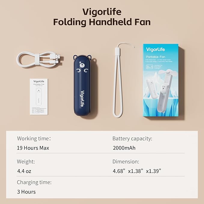 Mini Handheld Fan,USB Rechargeable 3 IN 1 Personal Cooler Fans with Power Bank,LED Flashlight,Small Foldable Portable Pocket Fan-Travel & Emergency Essentials for Outdoor Navy Blue