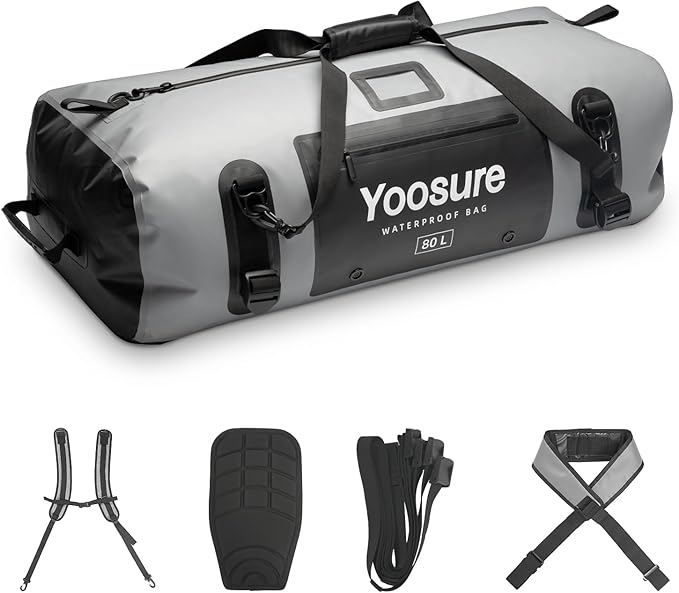 80L Waterproof Duffel Bag Motorcycle Dry Bag Backpack, Waterproof Zippered Bags with Backpack Spacer Pad for Kayaking Rafting Boating Canoeing Camping Paddle Beach (Grey)