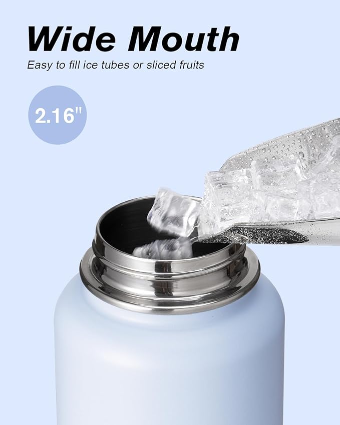 Water Bottle 40 oz Insulated with Straw&Brush, Coolflask Vaccum Stainless Steel Metal 3 Lids Water Flask for Sports, Gym or Office, Keep Cold 48H Hot 24H, Light Blue