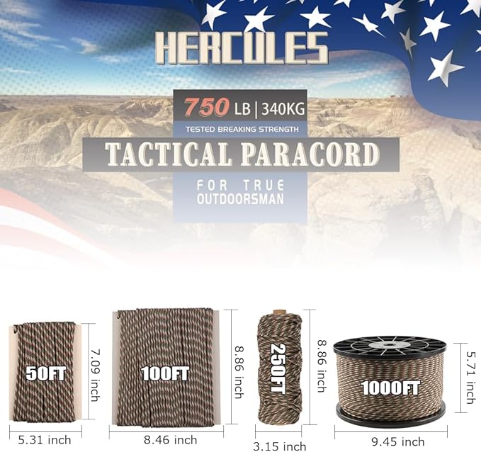 HERCULES 750lb Paracord 4mm 11 Strands Tactical Parachute Cord, 50' 100' 250' 1000' Utility Rope for Camping, Survival, Outdoor Gear (Forest Camo, 250FT)