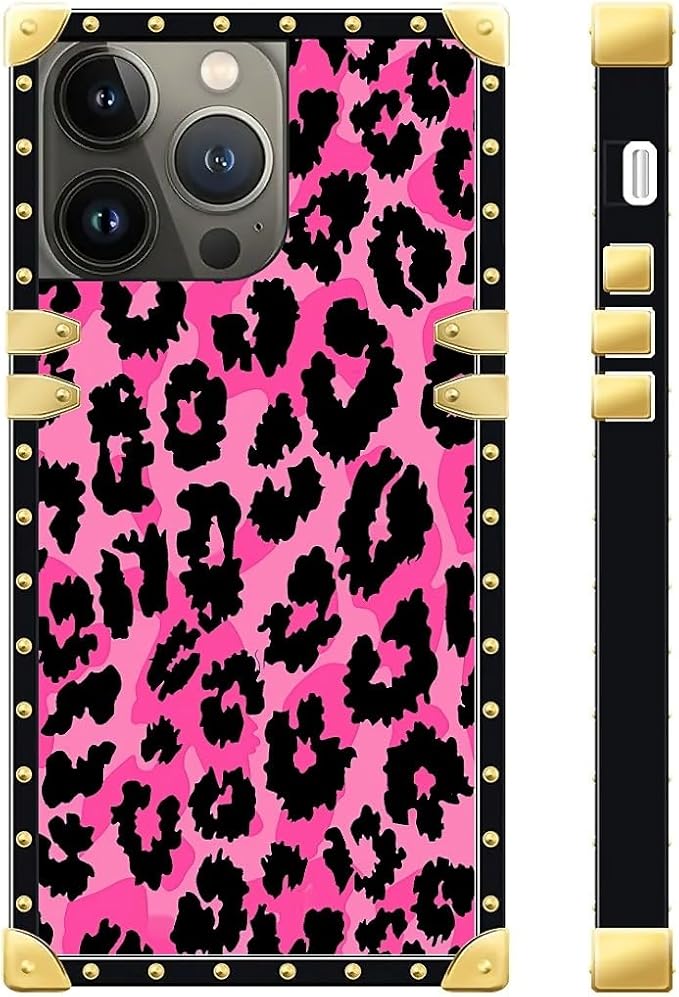 Compatible with iPhone 13 Pro Max Case, Pink Black Leopard Luxury Golden Decoration for Girl Women Soft TPU Shockproof Protective Hard PC Back for iPhone 13 Pro Max