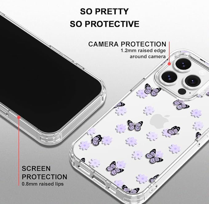 MOSNOVO Case for iPhone 14 Pro, [Buffertech 6.6ft Military-Grade Drop Protection] [Anti Peel Off Tech] Clear TPU Bumper Phone Case Cover Design - Lilac Butterfly