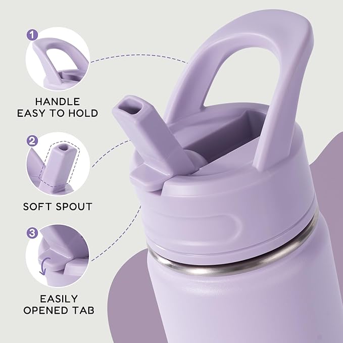 Fijinhom 12oz Kids Water Bottle for School, Toddler Bottles with Straws, Stainless Steel Vacuum Insulated Water Bottle for Boys&Girls, Leak-Proof, BPA-Free, Purple