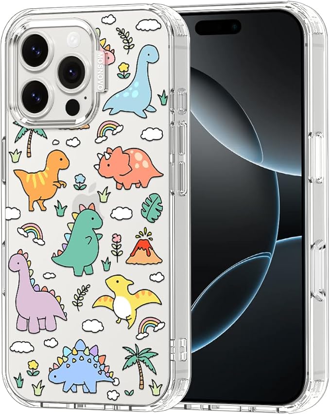 MOSNOVO Case for iPhone 16 Pro Max, [Buffertech 6.6ft Military-Grade Drop Protection] [Anti Peel Off Tech] Clear TPU Bumper Phone Case Cover Design - Dinosaur Land