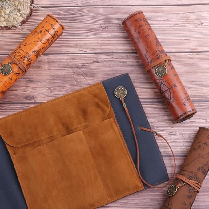 Cabilock Roll up Pencil Case Vintage Map Pu Leather Pencil Pouch Organizer for Artists Writers Travel School with Large Capacity and Secure Strap 2 Pack