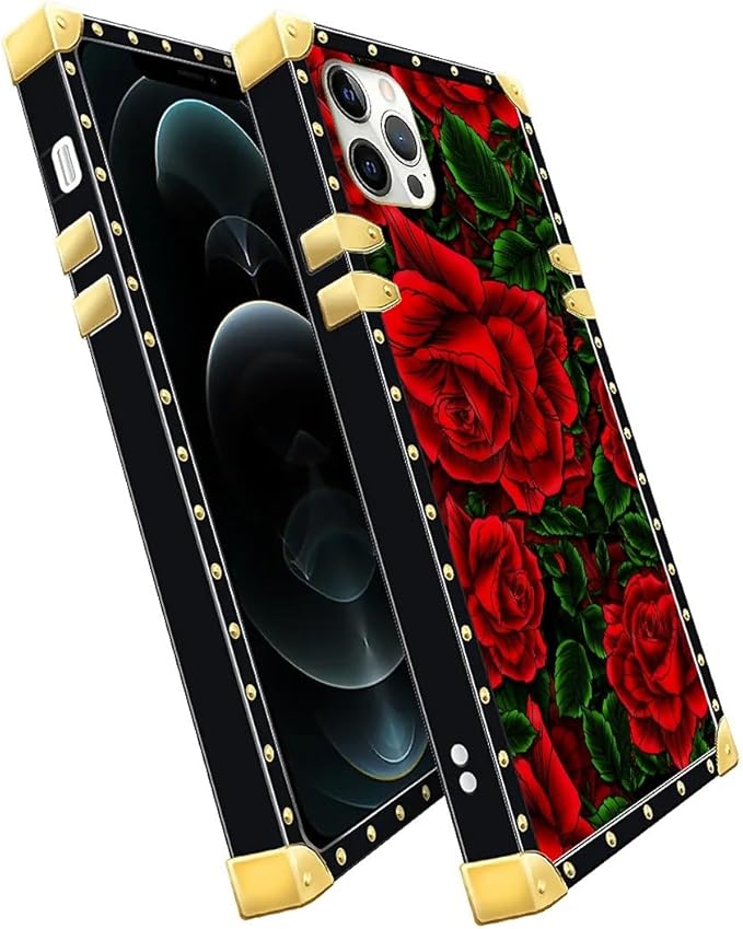 Compatible with iPhone 11 Pro Max Case, Vector Red Rose Green Leaf Luxury Golden Decoration for Girl Women Soft TPU Shockproof Protective Hard PC Back for iPhone 11 Pro Max