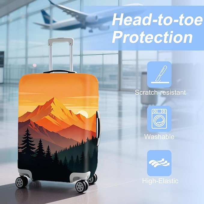 Retro Mountain Landscape Sunset Travel Luggage Cover -Stretchable Airplane Suitcase Protector Sleeve,Universal Washable Fit for 20-22 Inch Checked Baggage,Water Resistant Durable Luggage Protector