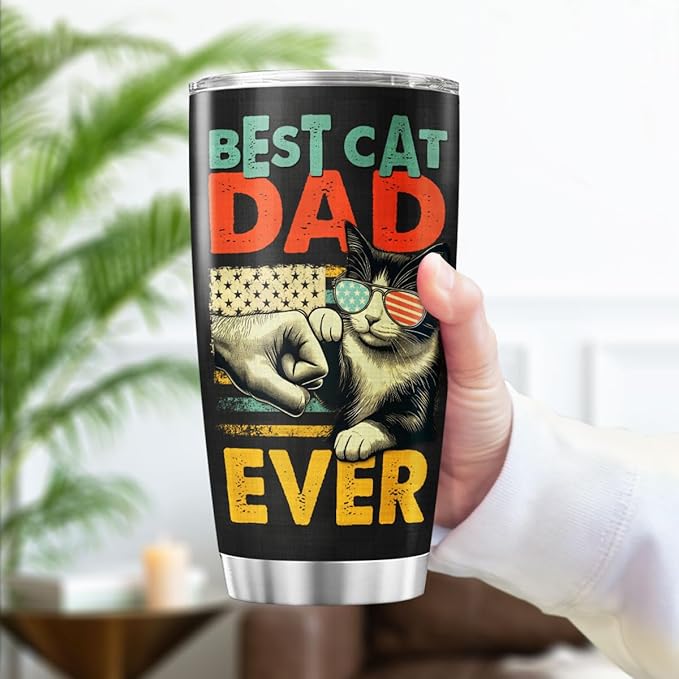 Best Cat Dad Ever 20oz Tumbler, Funny Fist Bump Design, Insulated Stainless Steel Travel Mug for Lovers, Ideal Birthday or Father's Day Gift