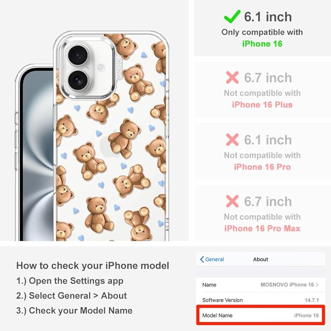 MOSNOVO for iPhone 16 Case, Shockproof Military-Grade Protection 6.6ft Drop Tested, Clear Phone Case for iPhone 16, Teddy Mood Design
