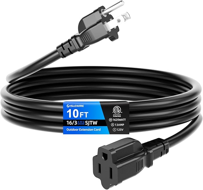 10 FT Outdoor Extension Cord Waterproof, Black, 3-Prong Power Cord, 16 AWG SJTW, 13A 1625W, Grounded, General Purpose Long Extension Cord for Lawn & Garden, ETL Listed
