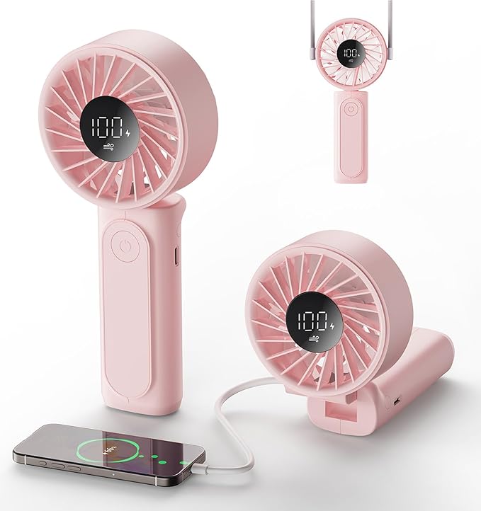 Peiyuu Handheld Portable Fan, 4000mAh USB Rechargeable Personal Fan, 180° Foldable Mini Desk Fan with 6 Wind Speed, LCD Digital Display, Lanyard as Neck Fan, Ultra Quiet