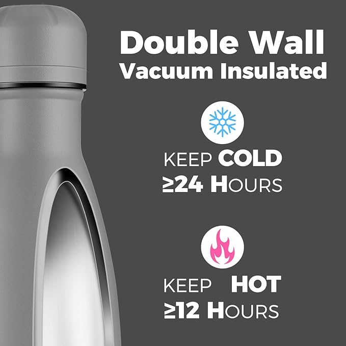 Volhoply 17oz Stainless Steel Water Bottles Bulk, Leakproof Insulated Metal Water Bottle for Sports, Travel, Adult, Available in Packs of 1, 4, or 8（Gray,8 Pack）