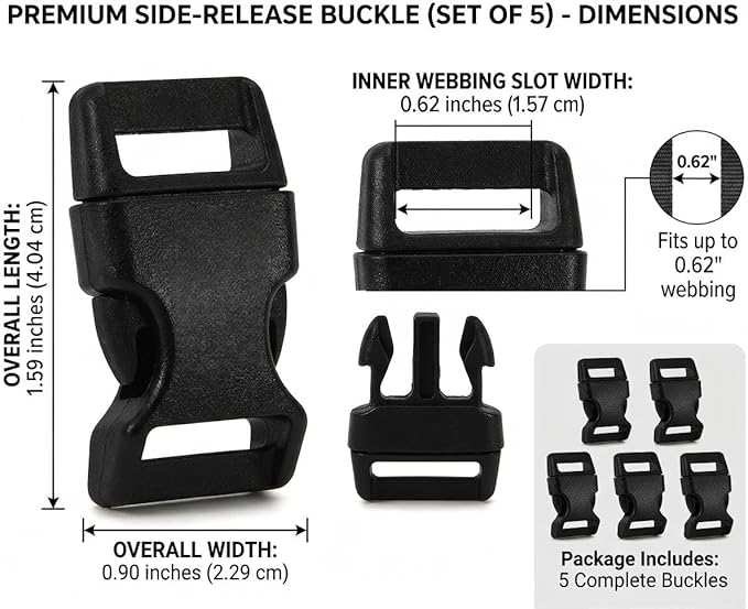 5/8" Black Plastic Side Release Buckle Curved Quick Release for DIY Bracelets, Backpacks, Dog Collars & Tactical Gear