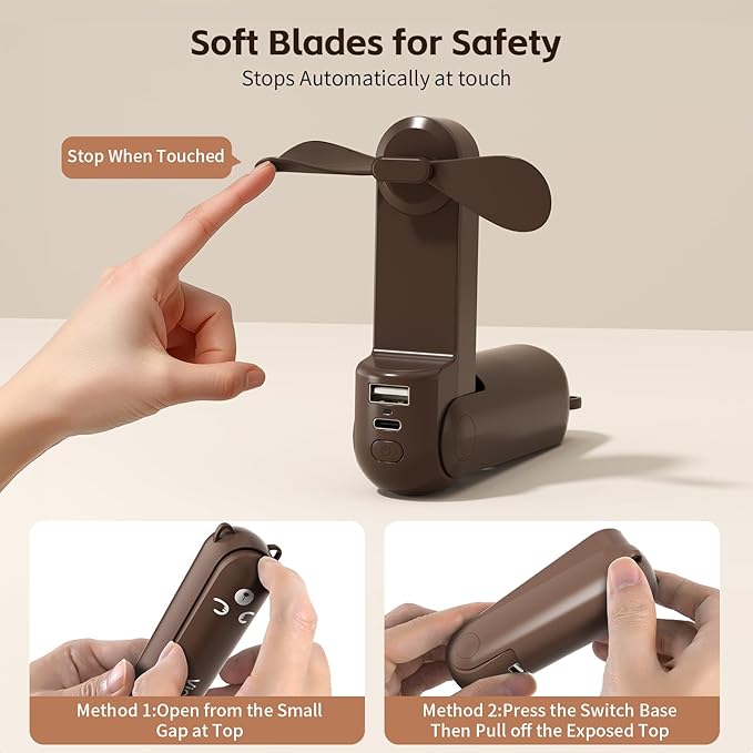 Mini Handheld Fan,USB Rechargeable 3 IN 1 Personal Cooler Fans with Power Bank,LED Flashlight,Small Foldable Portable Pocket Fan-Travel & Emergency Essentials for Outdoor Brown