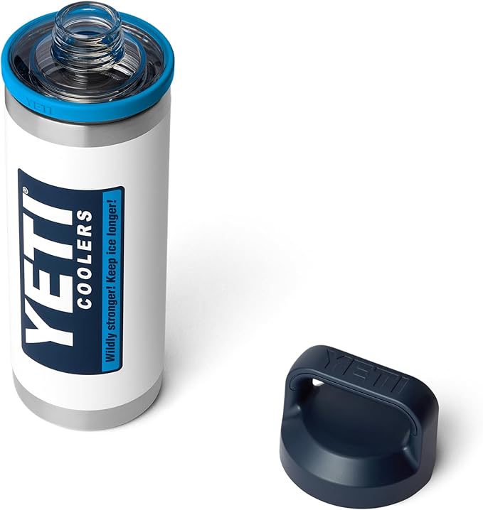YETI Rambler 18 oz Bottle, Leakproof, Vacuum Insulated, Stainless Steel with Chug Cap, White/Blue