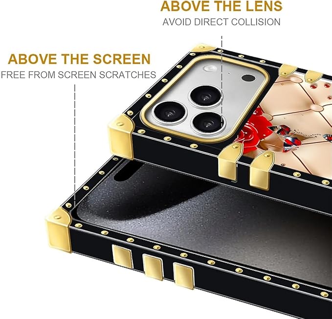 For iPhone 17 Pro Max Case Luxury Golden Decoration For Girl Women Soft TPU Shockproof Protective Hard PC Back For iPhone 17 Pro Max Crazy Pattern Shining Red Rose Butterfly Leather Background