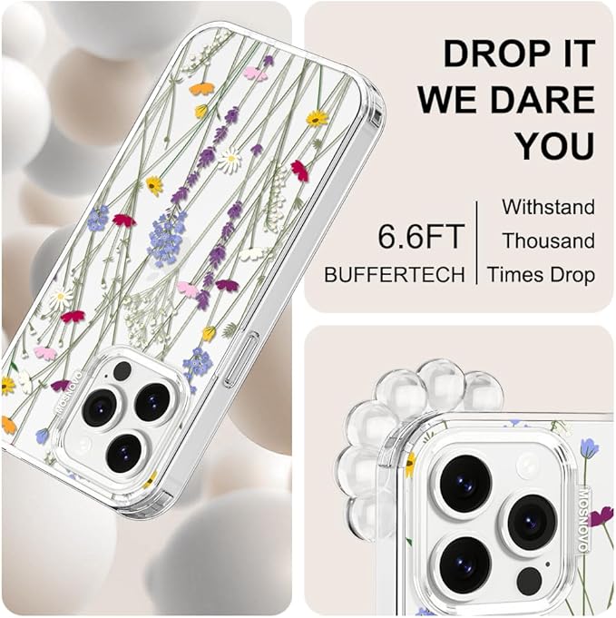MOSNOVO Case for iPhone 13 Pro, [Buffertech 6.6ft Military-Grade Drop Protection] [Anti Peel Off Tech] Clear TPU Bumper Phone Case Cover Design - Floral Garden