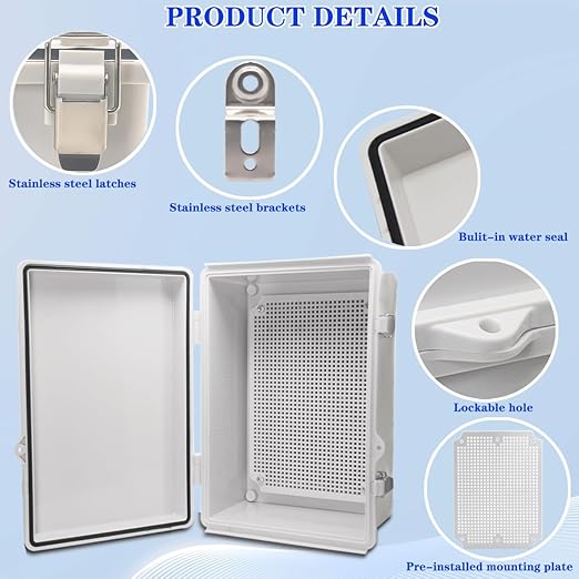 Outdoor Waterproof Electrical Box Junction Box Weatherproof IP67 ABS Plastic Enclosure Switch Router Project Box Electronics Enclosure with Mounting Plate Wall Bracket Grey 11.1"x7.5"x5.1"