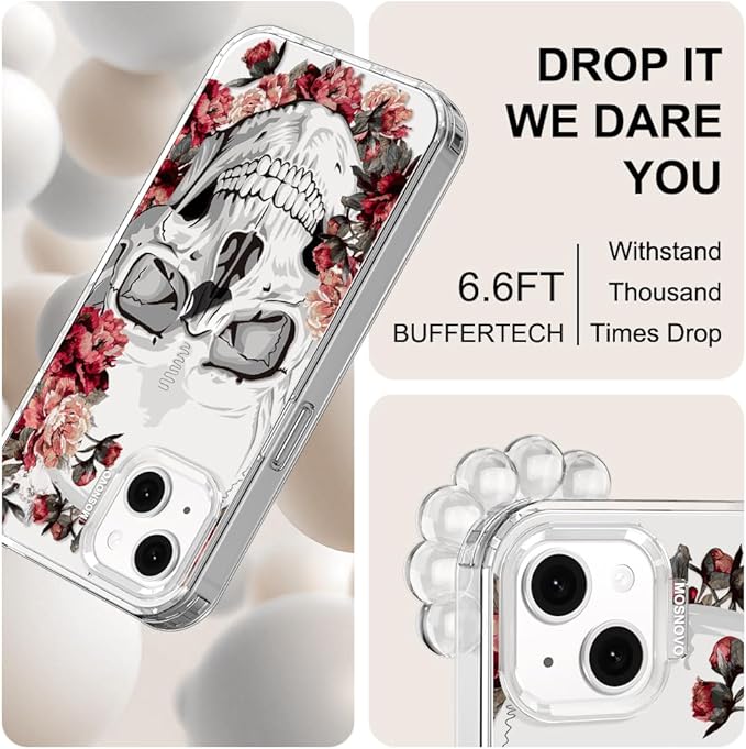 MOSNOVO for iPhone 13/14 Case | Military Grade 6.6ft Drop Tested | Clear with Red Flower Skull Design