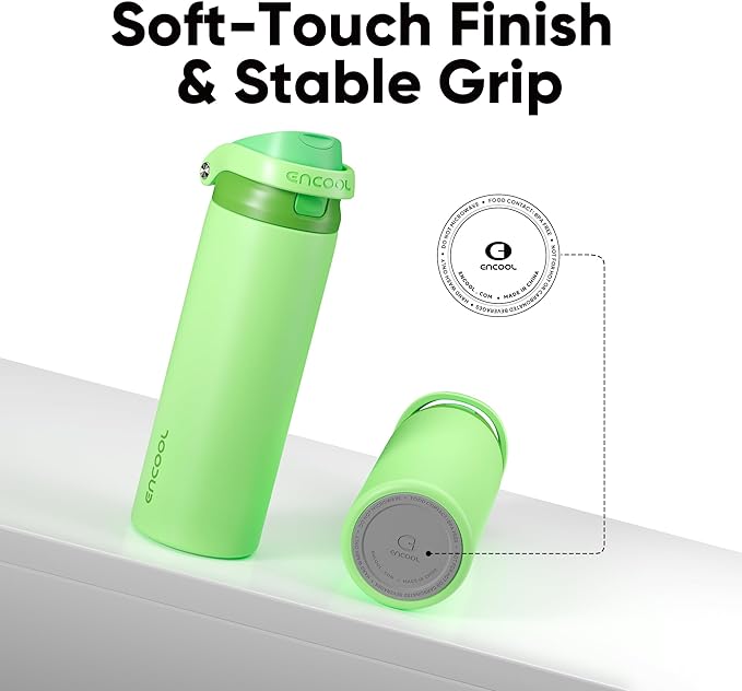 ENCOOL Leakproof Insulated Water Bottle with Straw Dual-Sip Water Bottle Bag-Safe Design for Work, Commute & Gym – Keeps Drinks Cold All Day, 18 oz, Algae Green