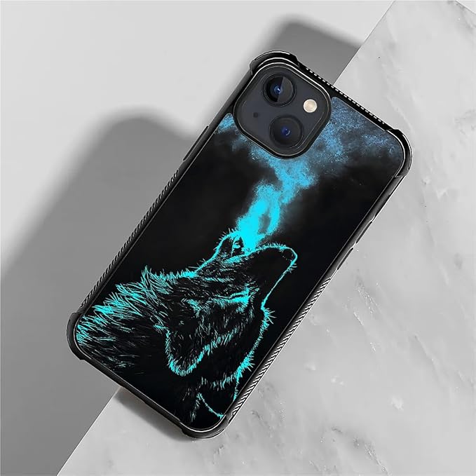 for iPhone 15 Case, Blue Breathing Wolf Pattern Graphic Design Girl Boy Soft Silicone Hard Acrylic Shock Protection for iPhone 15