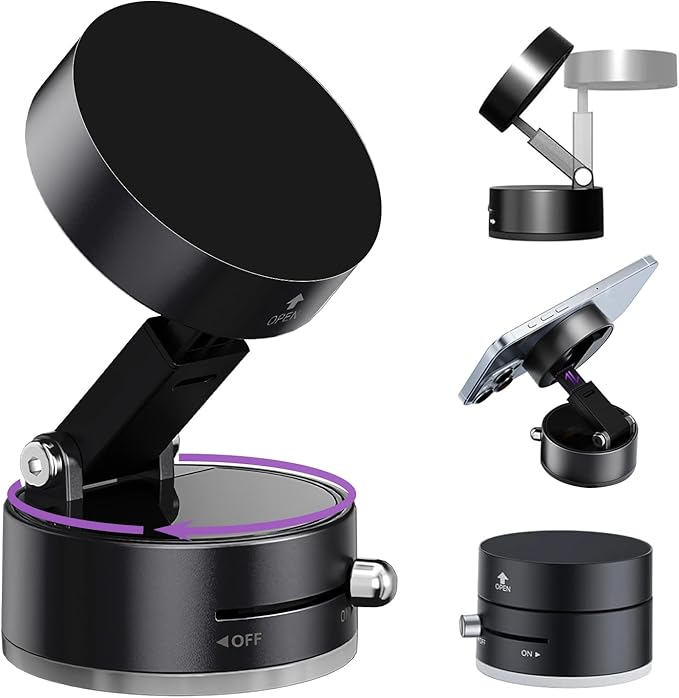 Vacuum Magnetic Phone Holder,Foldable Magnetic Suction Phone Mount,360° Rotation Car Phone Holder,Cell Phones Car Accessories,Hands-Free Phone Holders Suitable to Mirror,Gym,Kitchen (Black)