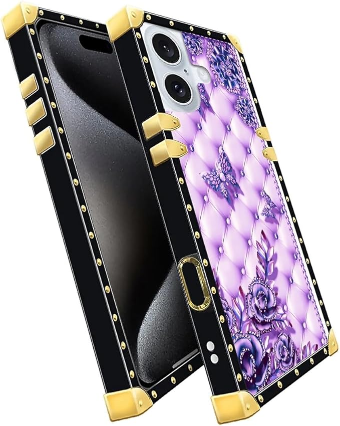 Compatible with iPhone 16 Plus Case, Purple Butterfly Flowers Leaf Luxury Golden Decoration for Girl Women Soft TPU Shockproof Protective Hard PC Back