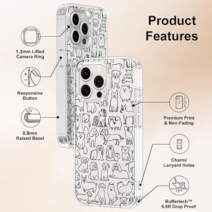 MOSNOVO Case for iPhone 15 Pro Max, [Buffertech 6.6ft Military-Grade Drop Protection] [Anti Peel Off Tech] Clear TPU Bumper Phone Case Cover Design - Doodle Dog